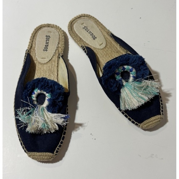SOLUDOS Embroidered Slip-On ESPADRILLES Slide Mule Flat‎ Shoes Tassel Navy 7 - Picture 1 of 5